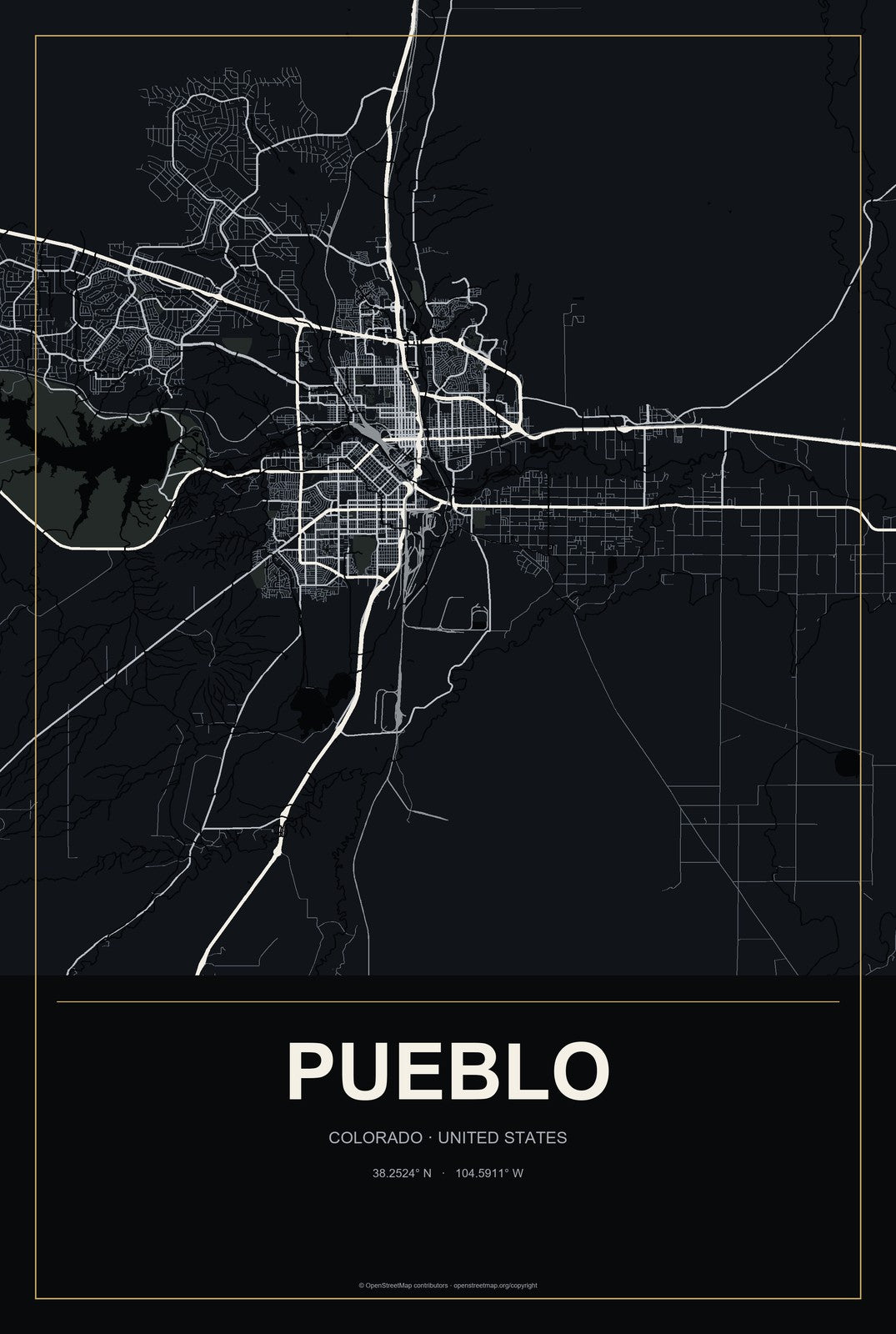 Pueblo, Colorado City Map Aluminum Sign in Metropolitan Noir style