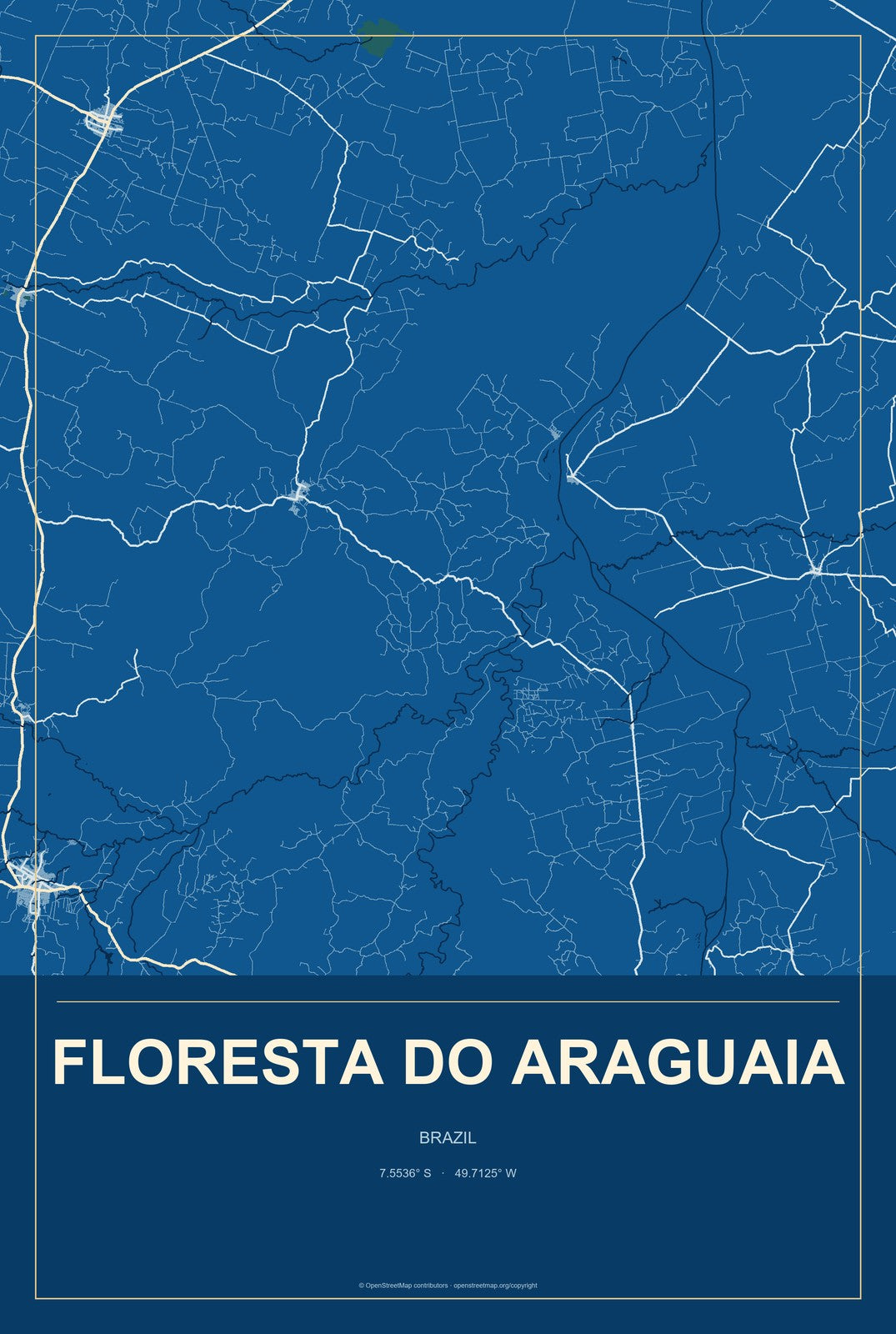Floresta do Araguaia, Brazil City Map Aluminum Sign in Harbor Cobalt style