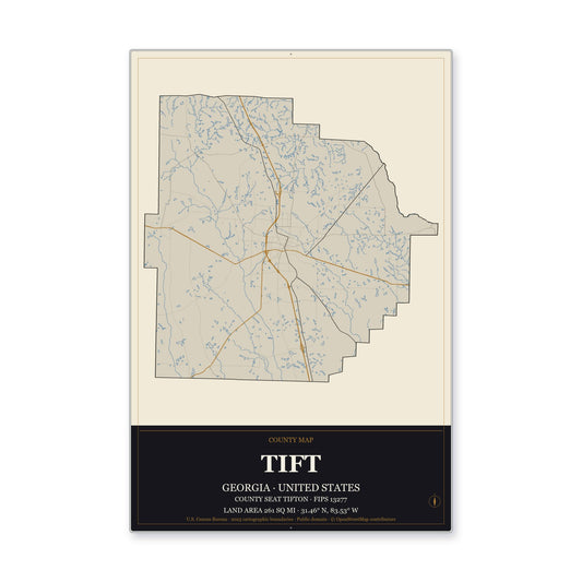 Tift County, Georgia Map Aluminum Sign in Museum Plaque style