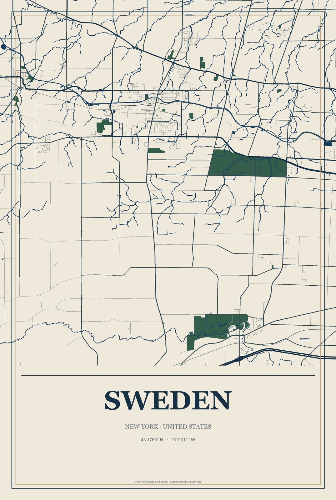 Sweden, New York City Map Aluminum Sign in Coastal Cutout style