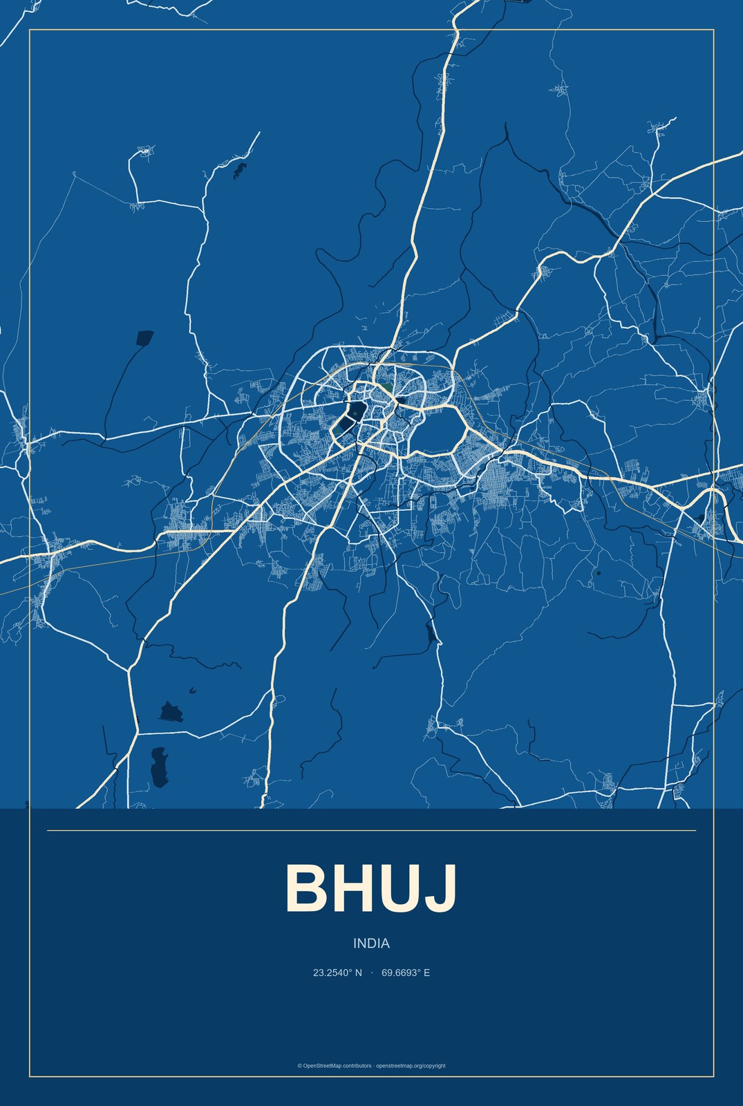 Bhuj, India City Map Aluminum Sign in Harbor Cobalt style