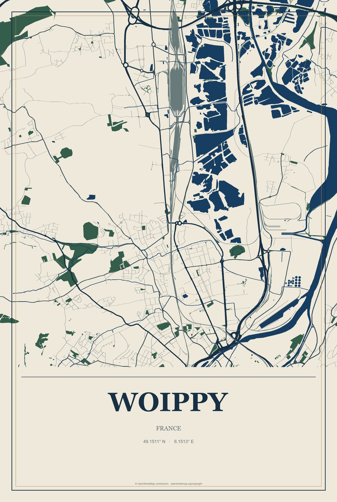 Woippy, France City Map Aluminum Sign in Coastal Cutout style