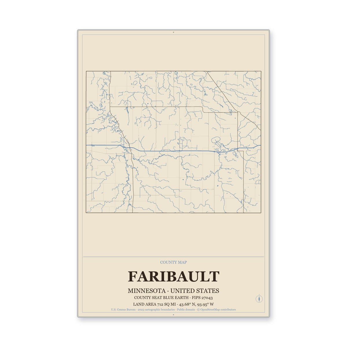Faribault County, Minnesota Map Aluminum Sign in Heritage Nautical style