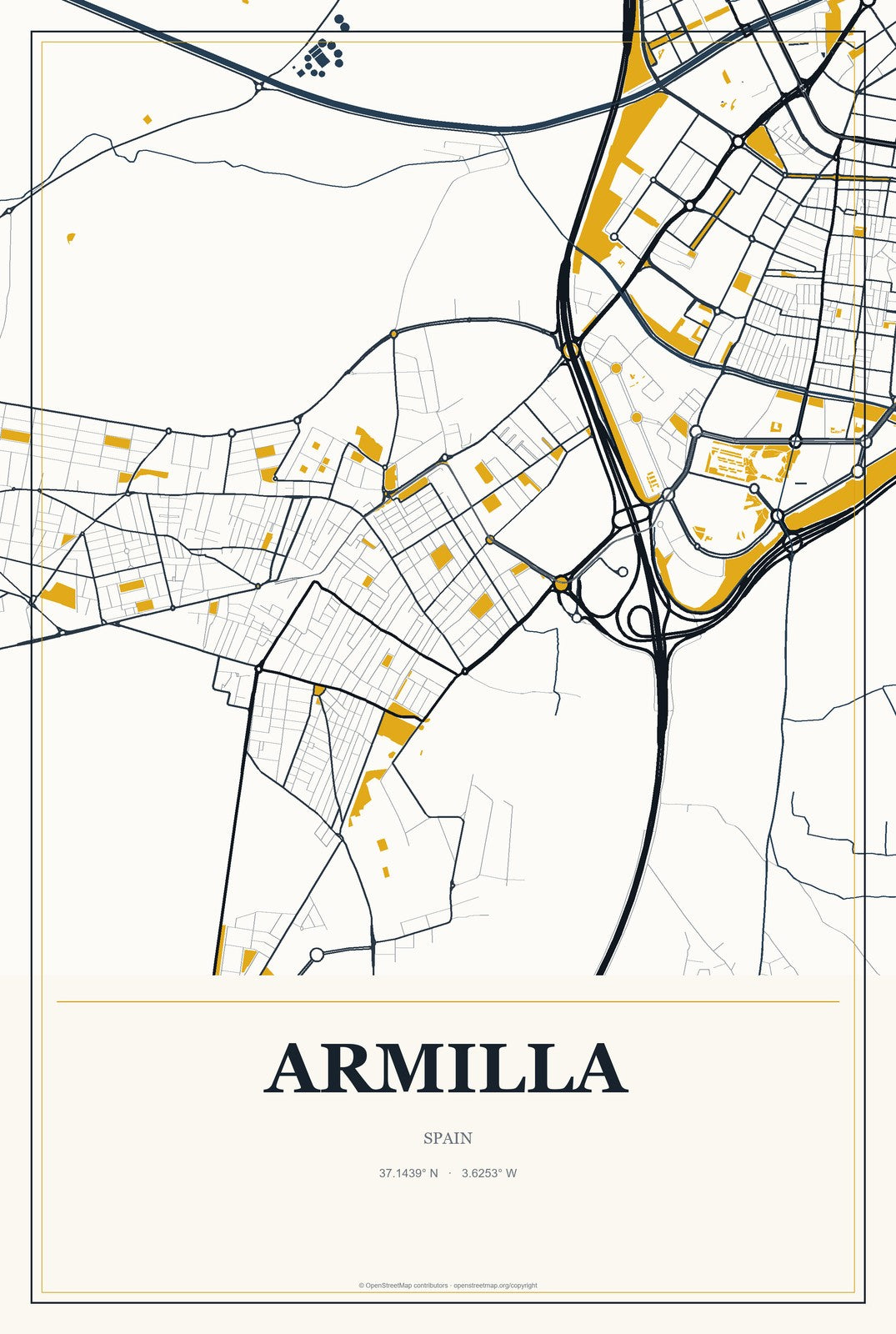 Armilla, Spain City Map Aluminum Sign in Citrine Modern style