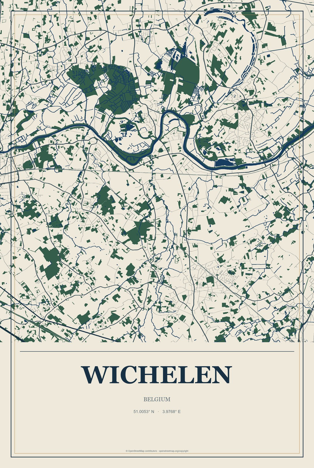 Wichelen, Belgium City Map Aluminum Sign in Coastal Cutout style