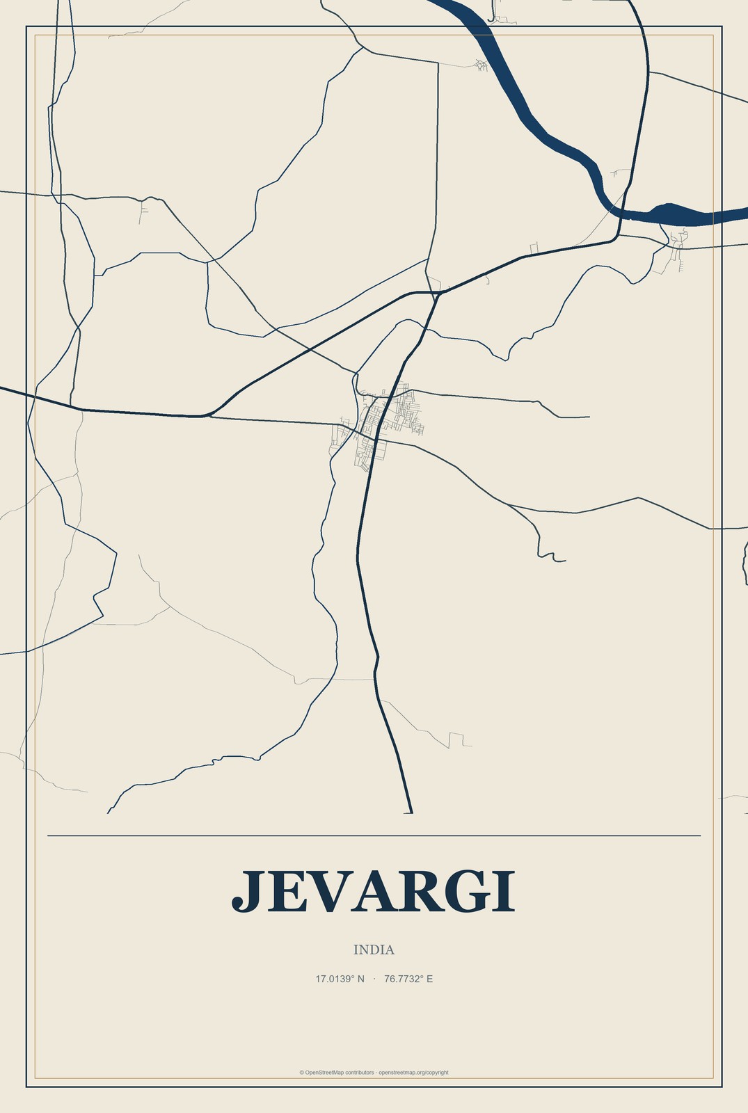 Jevargi, India City Map Aluminum Sign in Coastal Cutout style