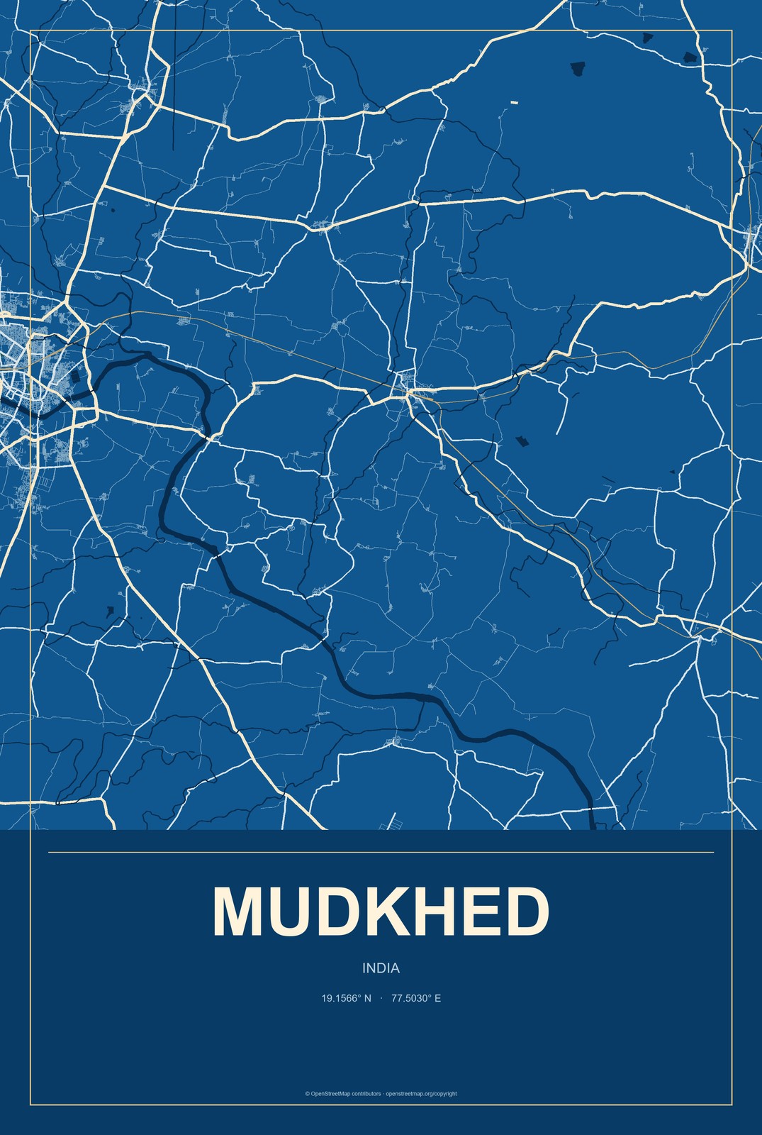 Mudkhed, India City Map Aluminum Sign in Harbor Cobalt style