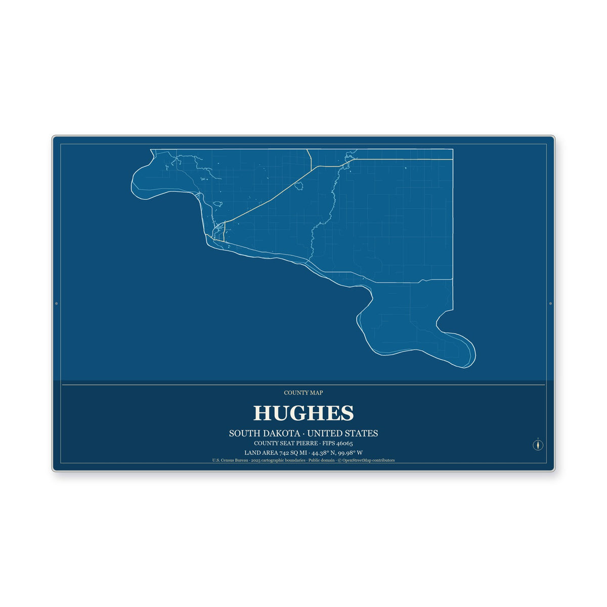 Hughes County, South Dakota Map Aluminum Sign in Harbor Cobalt style