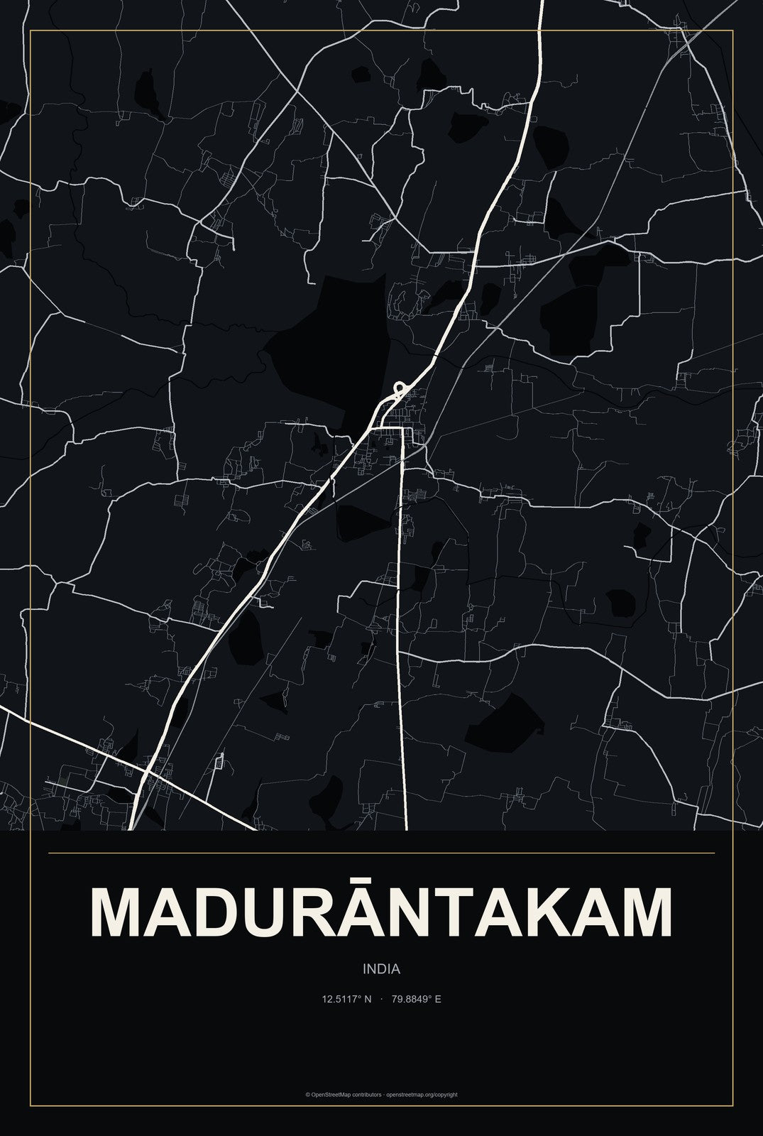 Madurāntakam, India City Map Aluminum Sign in Metropolitan Noir style