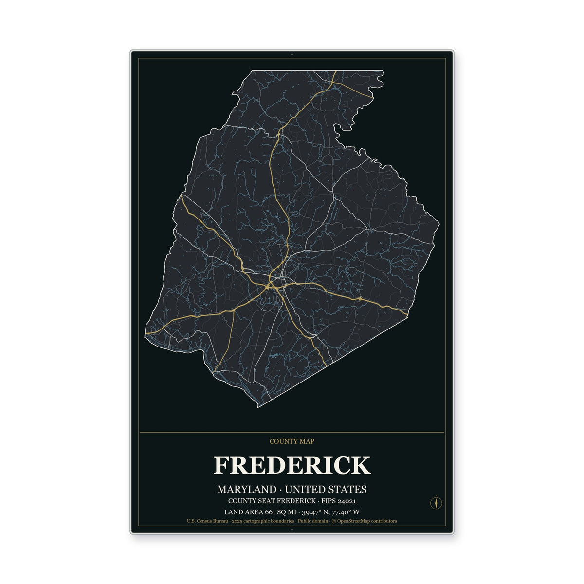 Frederick County, Maryland Map Aluminum Sign in Metropolitan Noir style