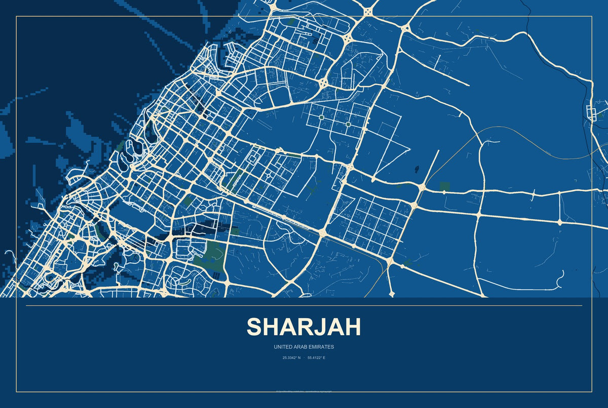 Sharjah, United Arab Emirates City Map Aluminum Sign in Harbor Cobalt style