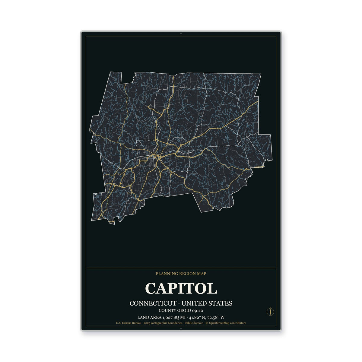 Capitol Planning Region, Connecticut Map Aluminum Sign in Metropolitan Noir style
