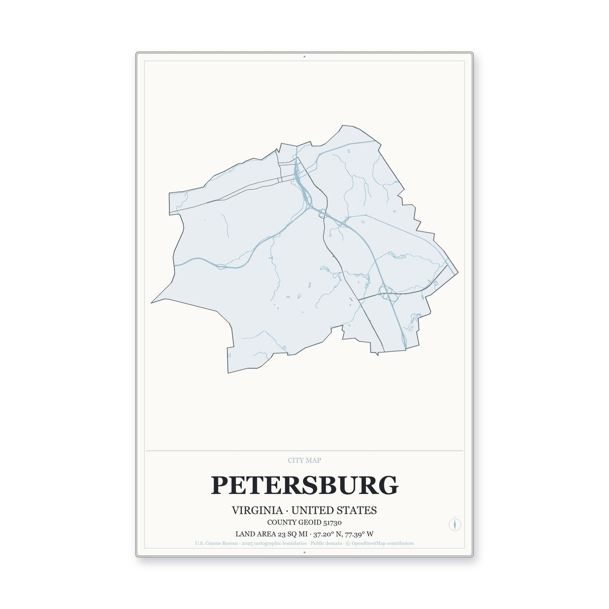 Petersburg city, Virginia Map Aluminum Sign in Gallery Air style