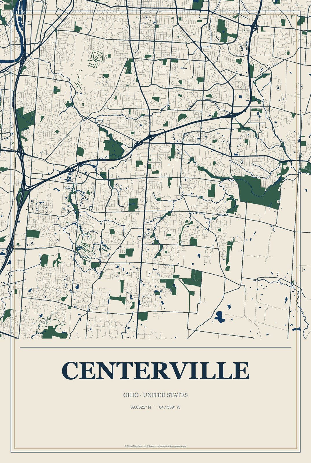 Centerville, Ohio City Map Aluminum Sign in Coastal Cutout style
