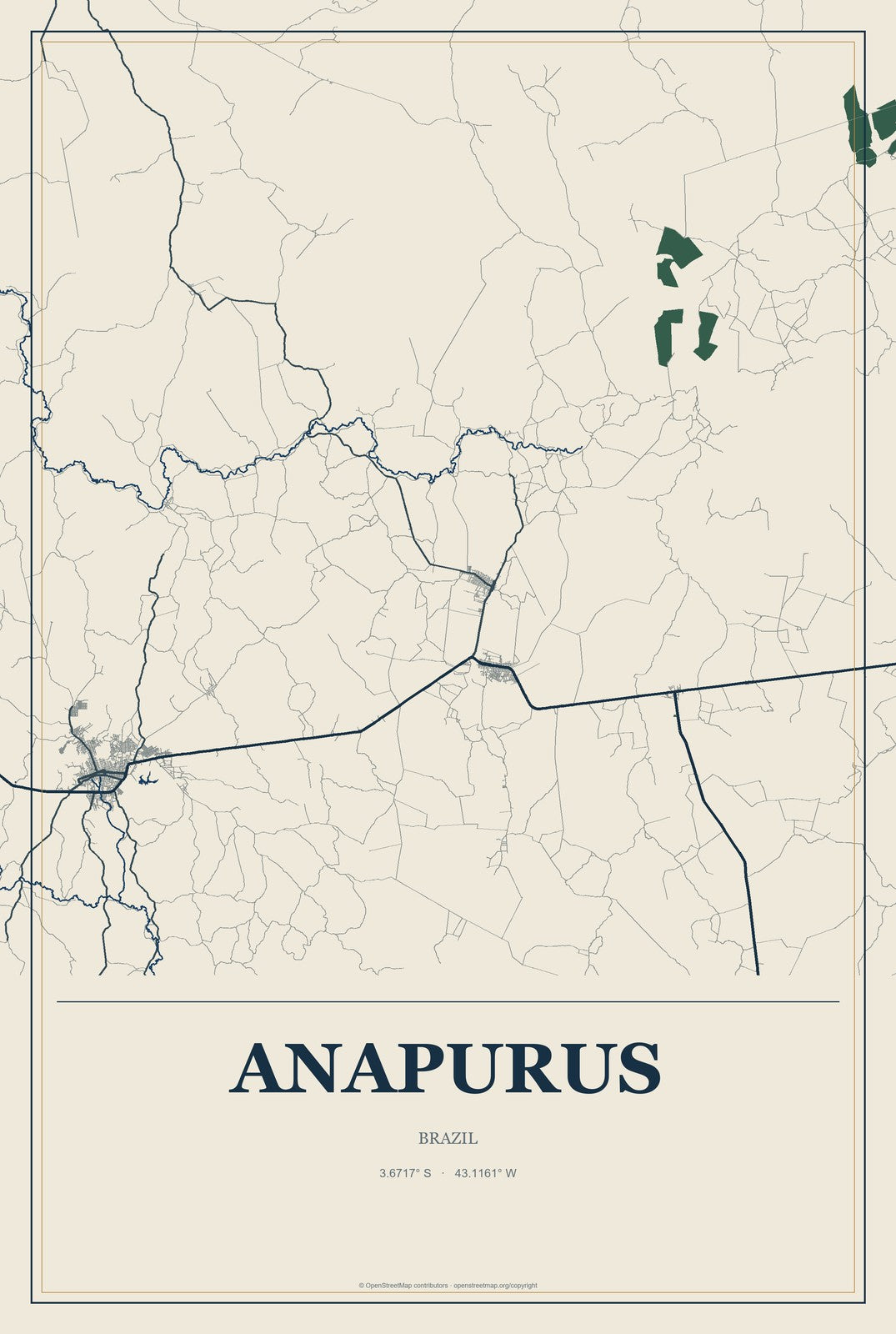 Anapurus, Brazil City Map Aluminum Sign in Coastal Cutout style
