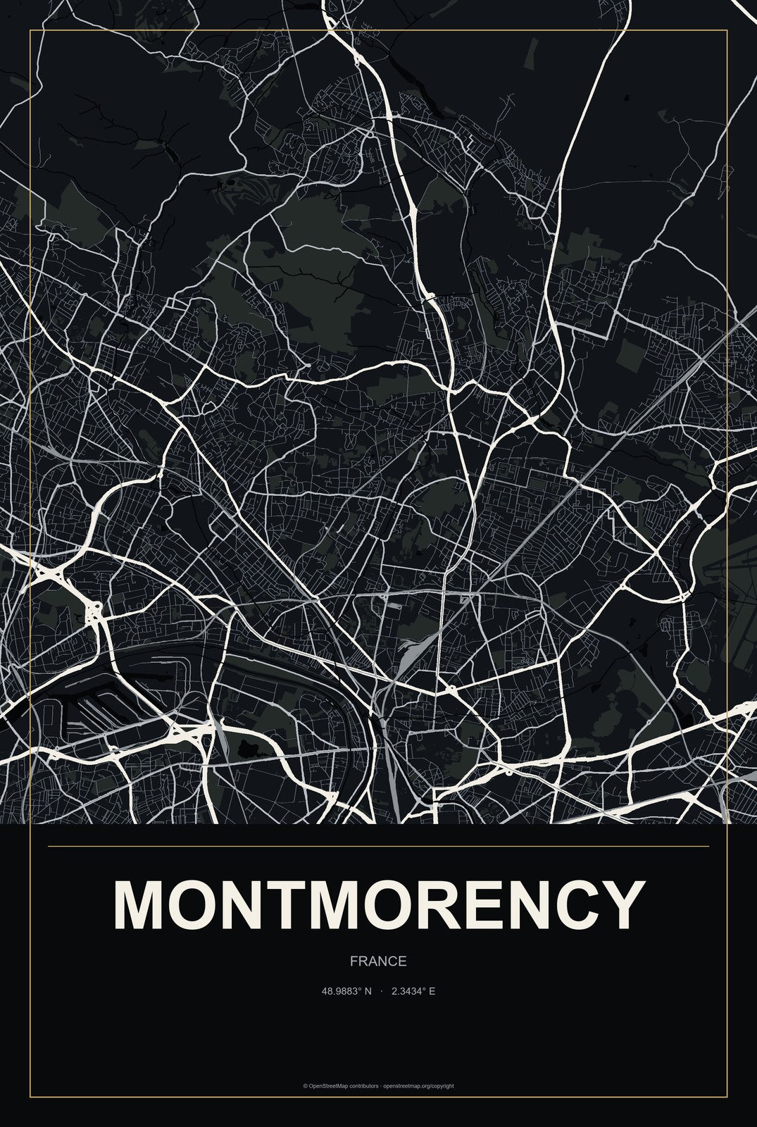 Montmorency, France City Map Aluminum Sign in Metropolitan Noir style