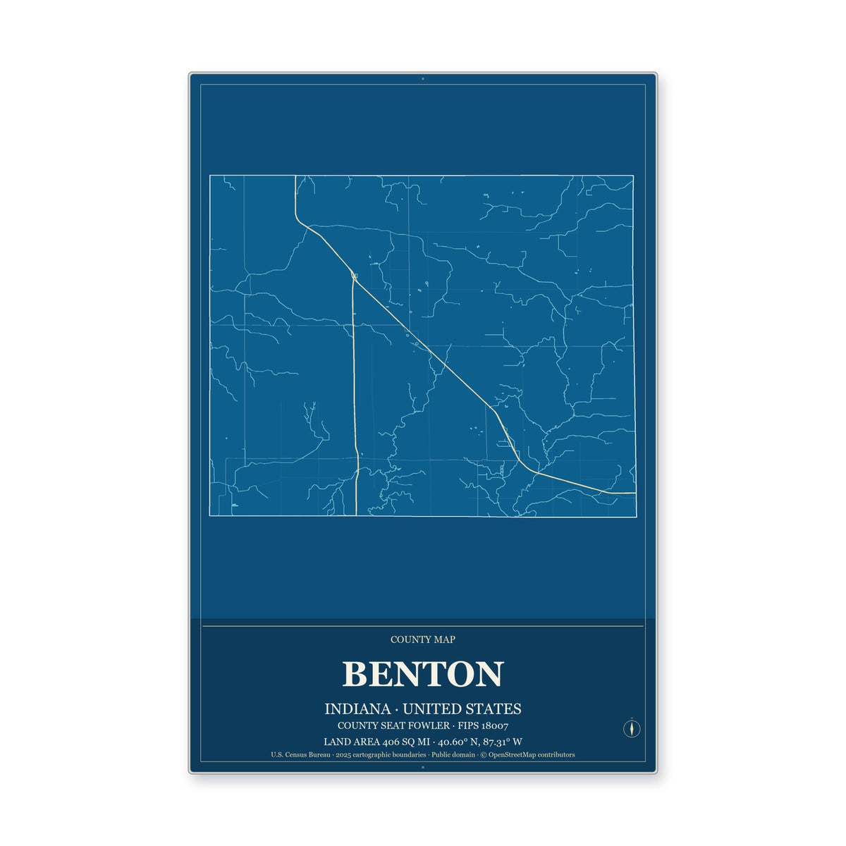 Benton County, Indiana Map Aluminum Sign in Harbor Cobalt style