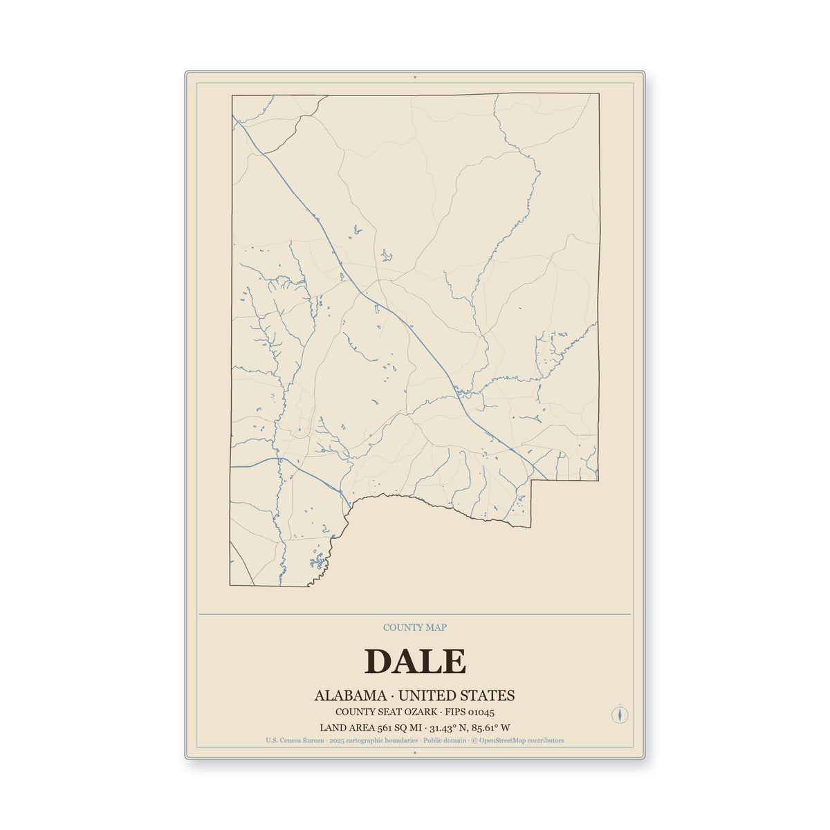 Dale County, Alabama Map Aluminum Sign in Heritage Nautical style