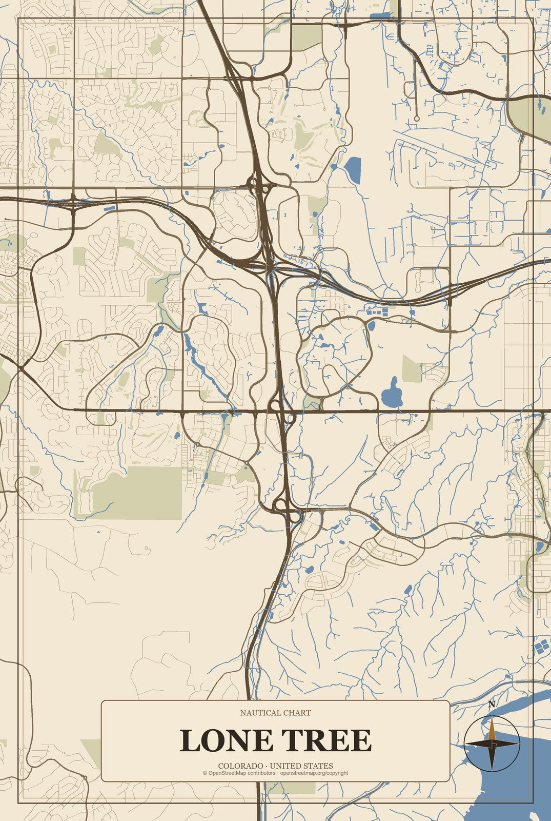 Lone Tree, Colorado City Map Aluminum Sign in Heritage Nautical style