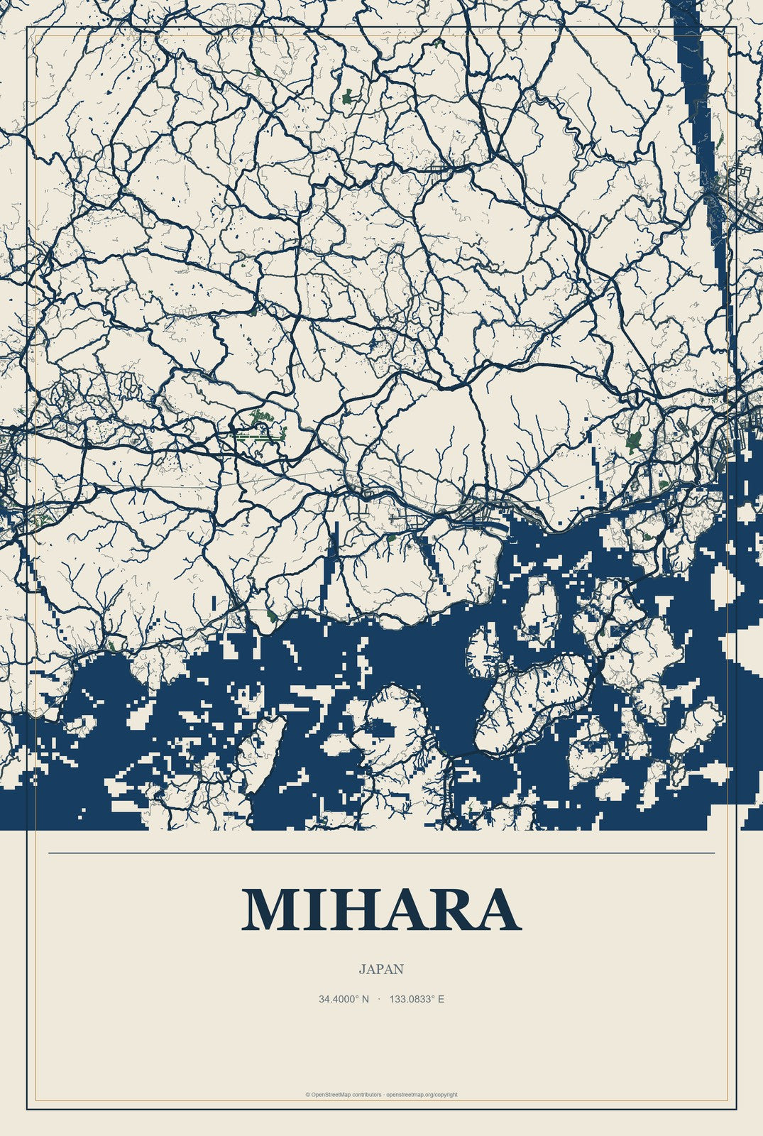 Mihara, Japan City Map Aluminum Sign in Coastal Cutout style