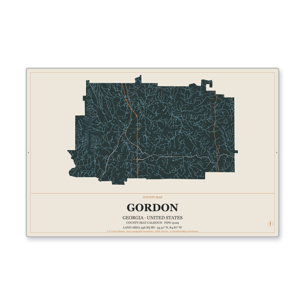 Gordon County, Georgia Map Aluminum Sign in Headline Atlas style