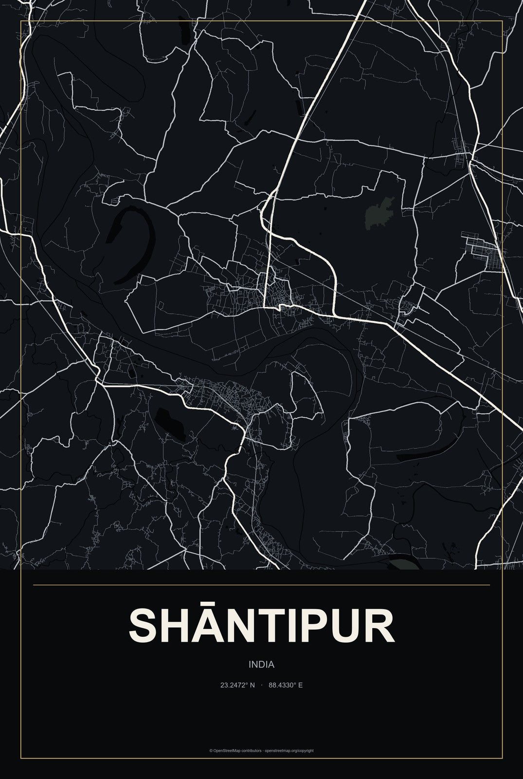 Shāntipur, India City Map Aluminum Sign in Metropolitan Noir style