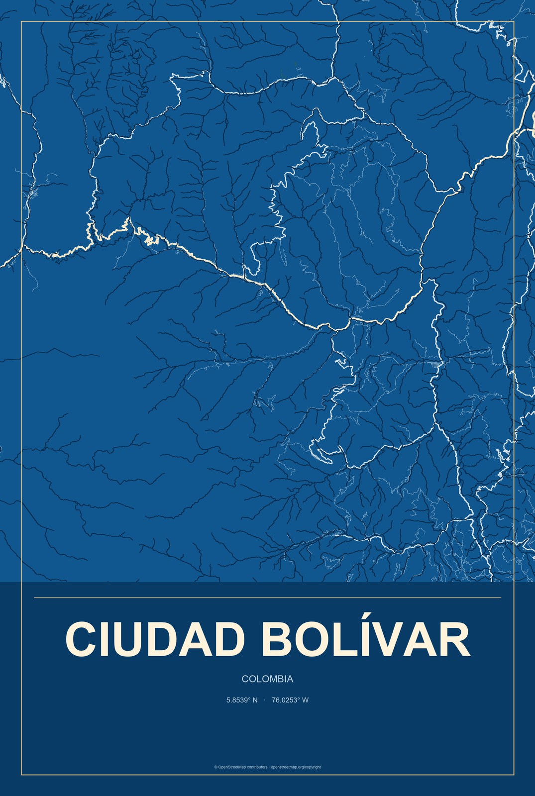 Ciudad Bolívar, Colombia City Map Aluminum Sign in Harbor Cobalt style