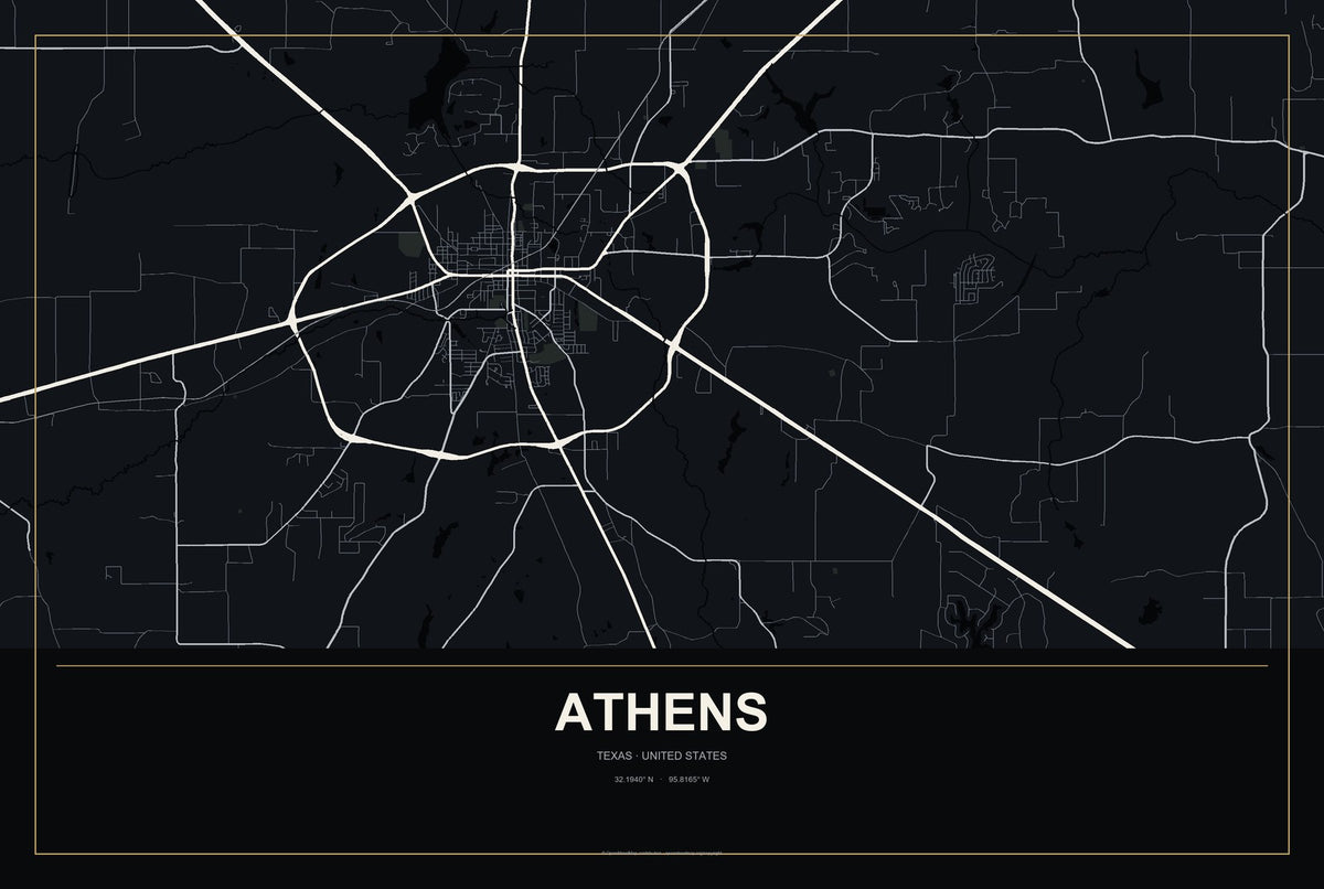 Athens, Texas City Map Aluminum Sign in Metropolitan Noir style