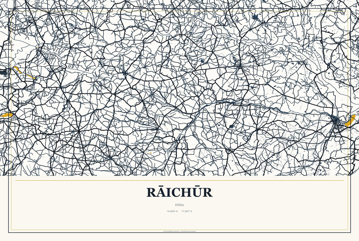 Rāichūr, India City Map Aluminum Sign in Citrine Modern style