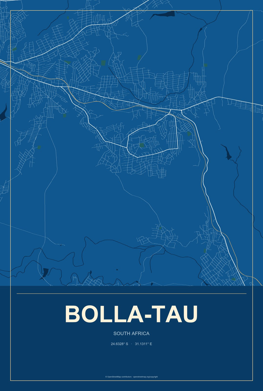 Bolla-Tau, South Africa City Map Aluminum Sign in Harbor Cobalt style