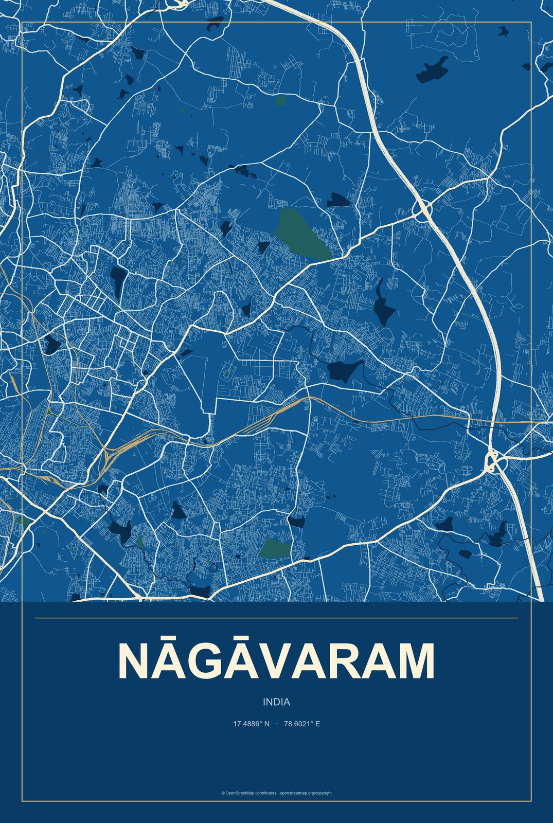 Nāgāvaram, India City Map Aluminum Sign in Harbor Cobalt style