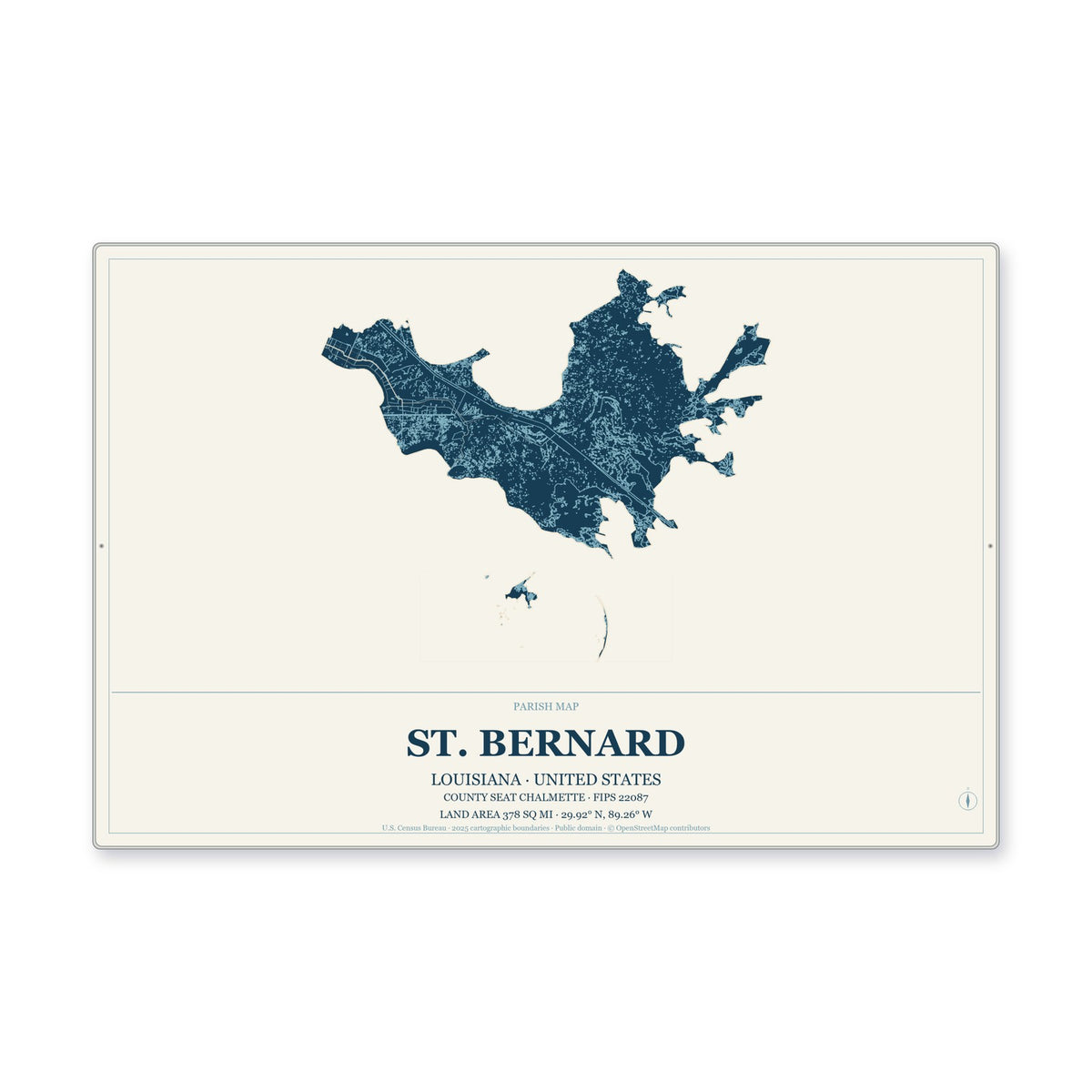 St. Bernard Parish, Louisiana Map Aluminum Sign in Coastal Cutout style