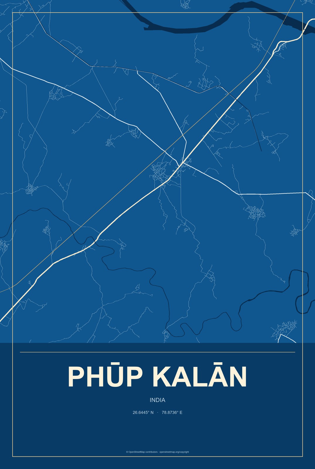 Phūp Kalān, India City Map Aluminum Sign in Harbor Cobalt style
