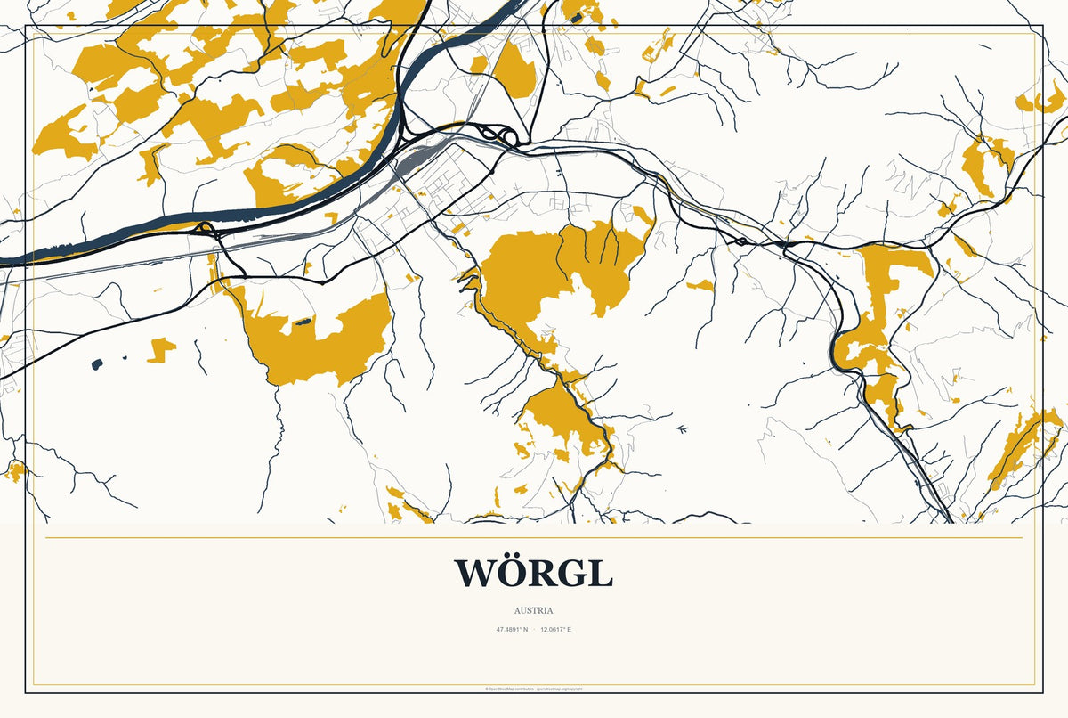 Wörgl, Austria City Map Aluminum Sign in Citrine Modern style