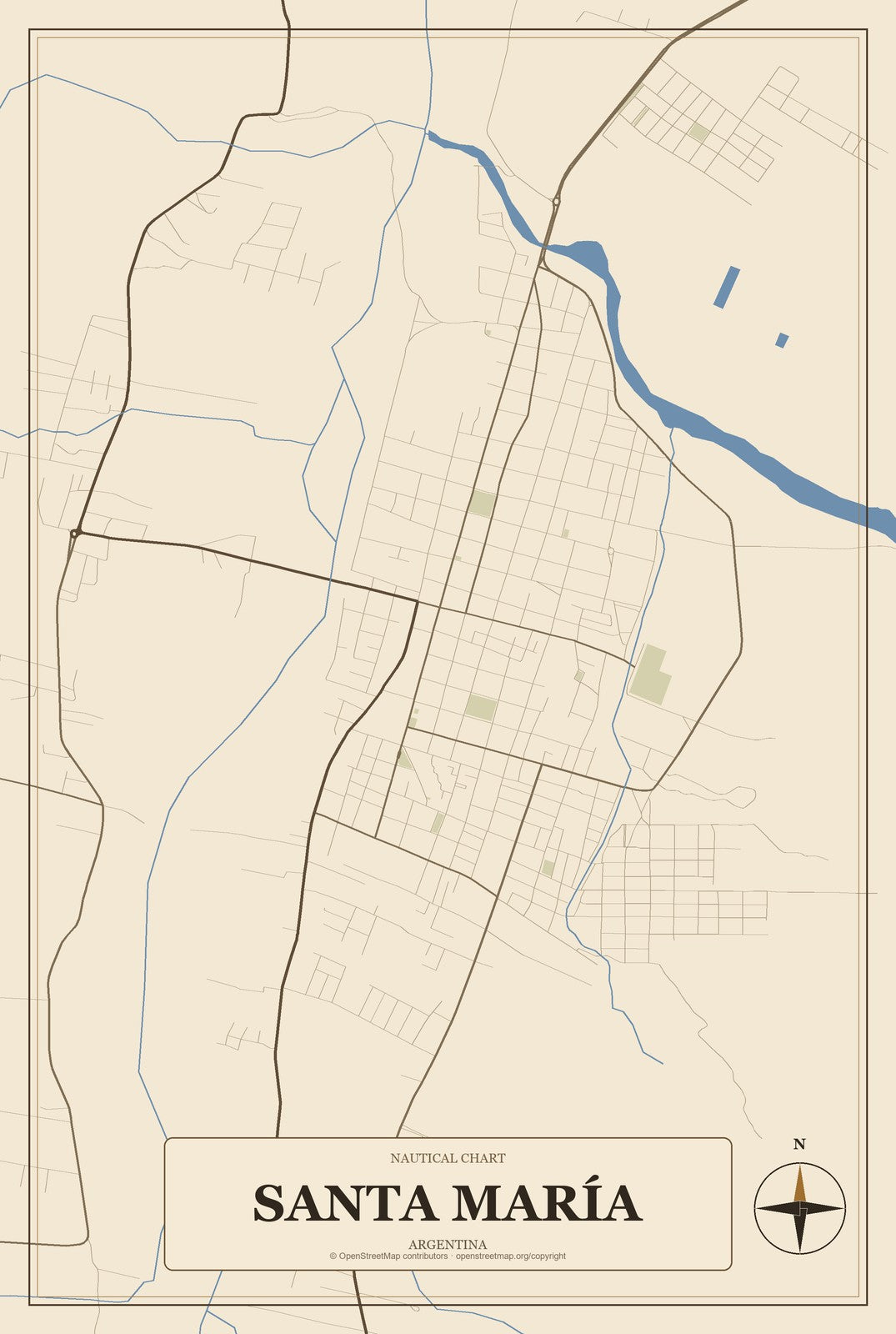 Santa María, Argentina City Map Aluminum Sign in Heritage Nautical style