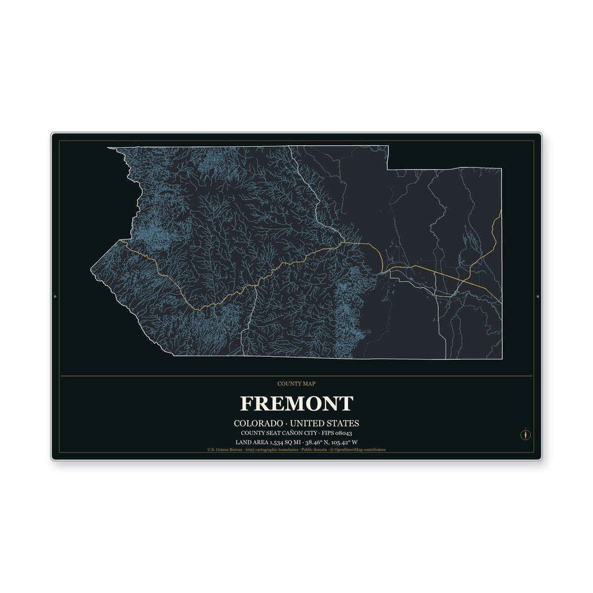 Fremont County, Colorado Map Aluminum Sign in Metropolitan Noir style