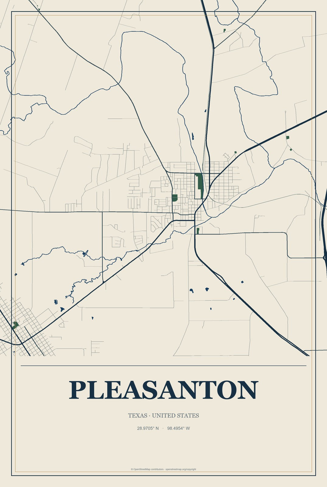 Pleasanton, Texas City Map Aluminum Sign in Coastal Cutout style