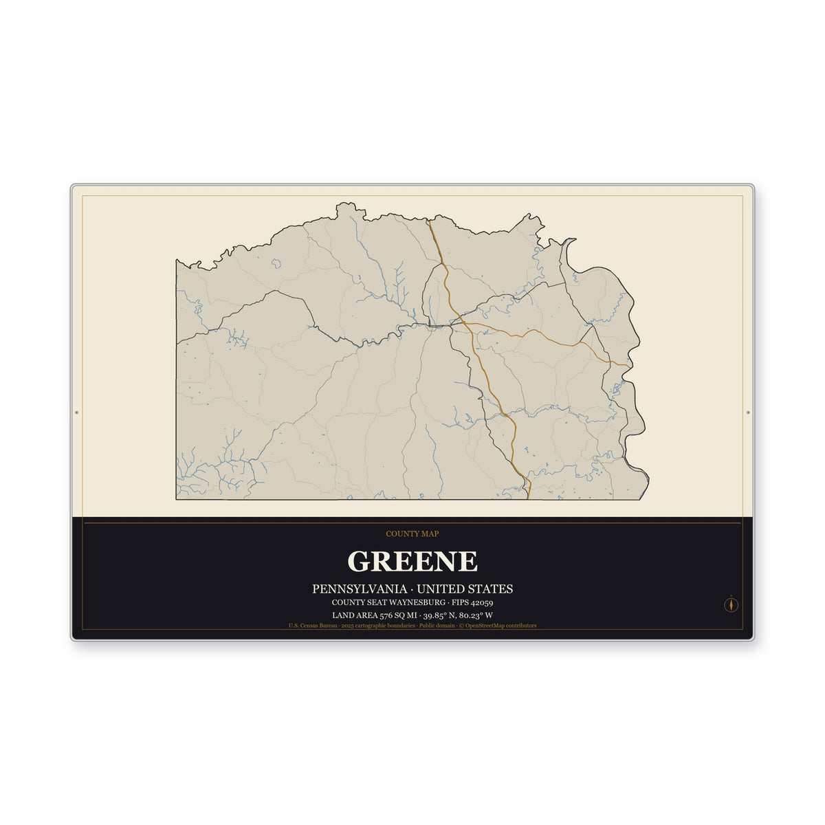 Greene County, Pennsylvania Map Aluminum Sign in Museum Plaque style