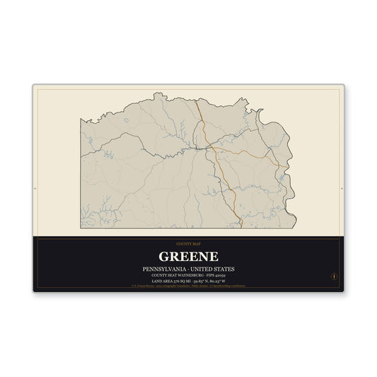 Greene County, Pennsylvania Map Aluminum Sign in Museum Plaque style
