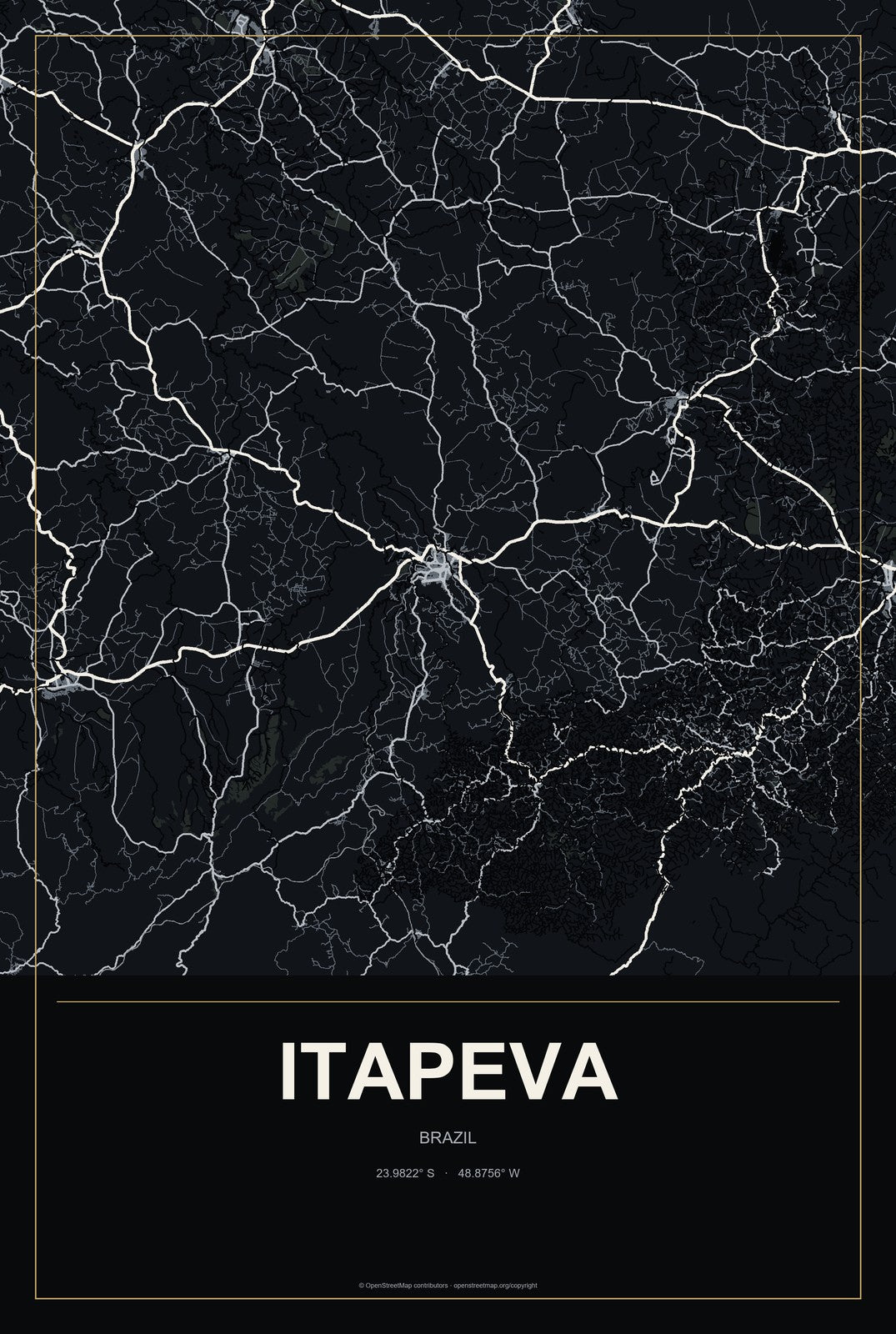 Itapeva, São Paulo, Brazil City Map Aluminum Sign in Metropolitan Noir style