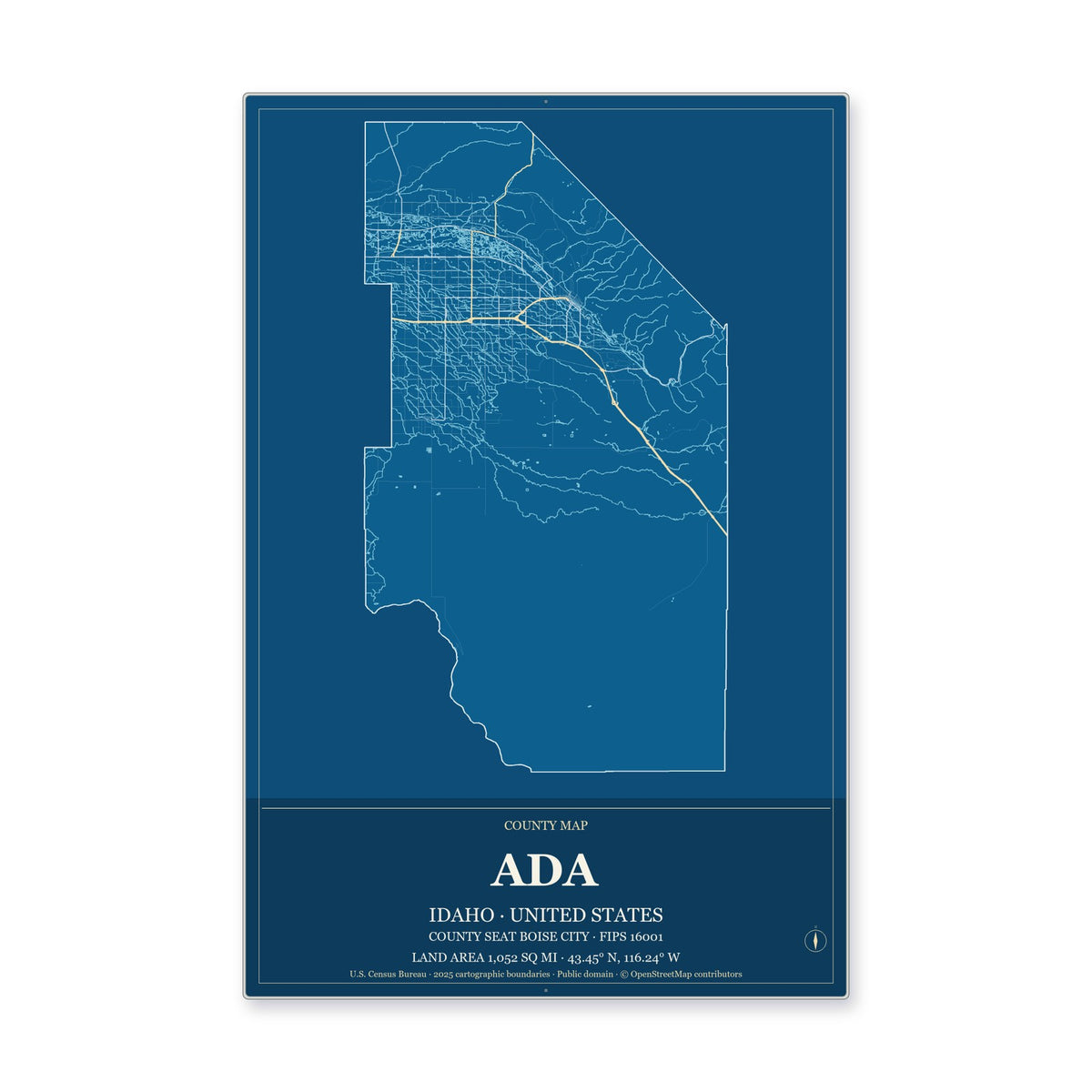 Ada County, Idaho Map Aluminum Sign in Harbor Cobalt style