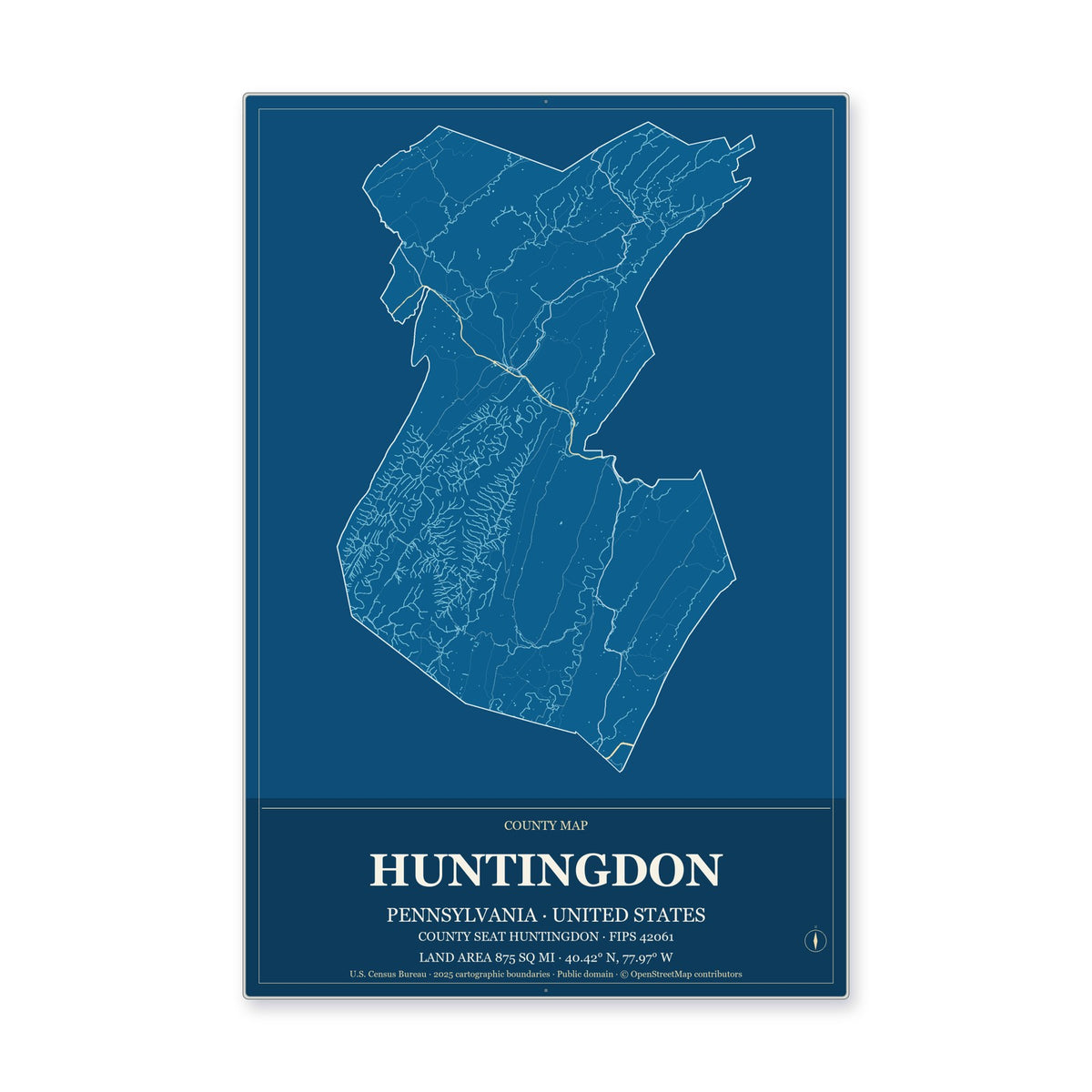 Huntingdon County, Pennsylvania Map Aluminum Sign in Harbor Cobalt style