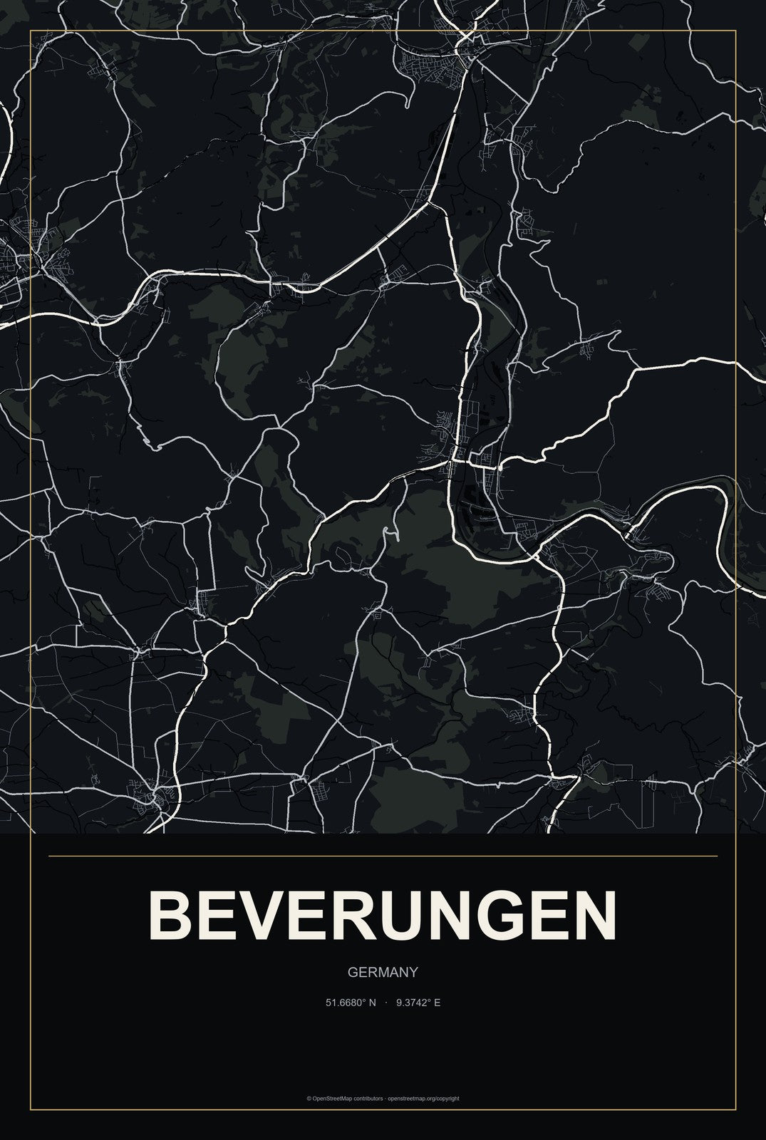 Beverungen, Germany City Map Aluminum Sign in Metropolitan Noir style