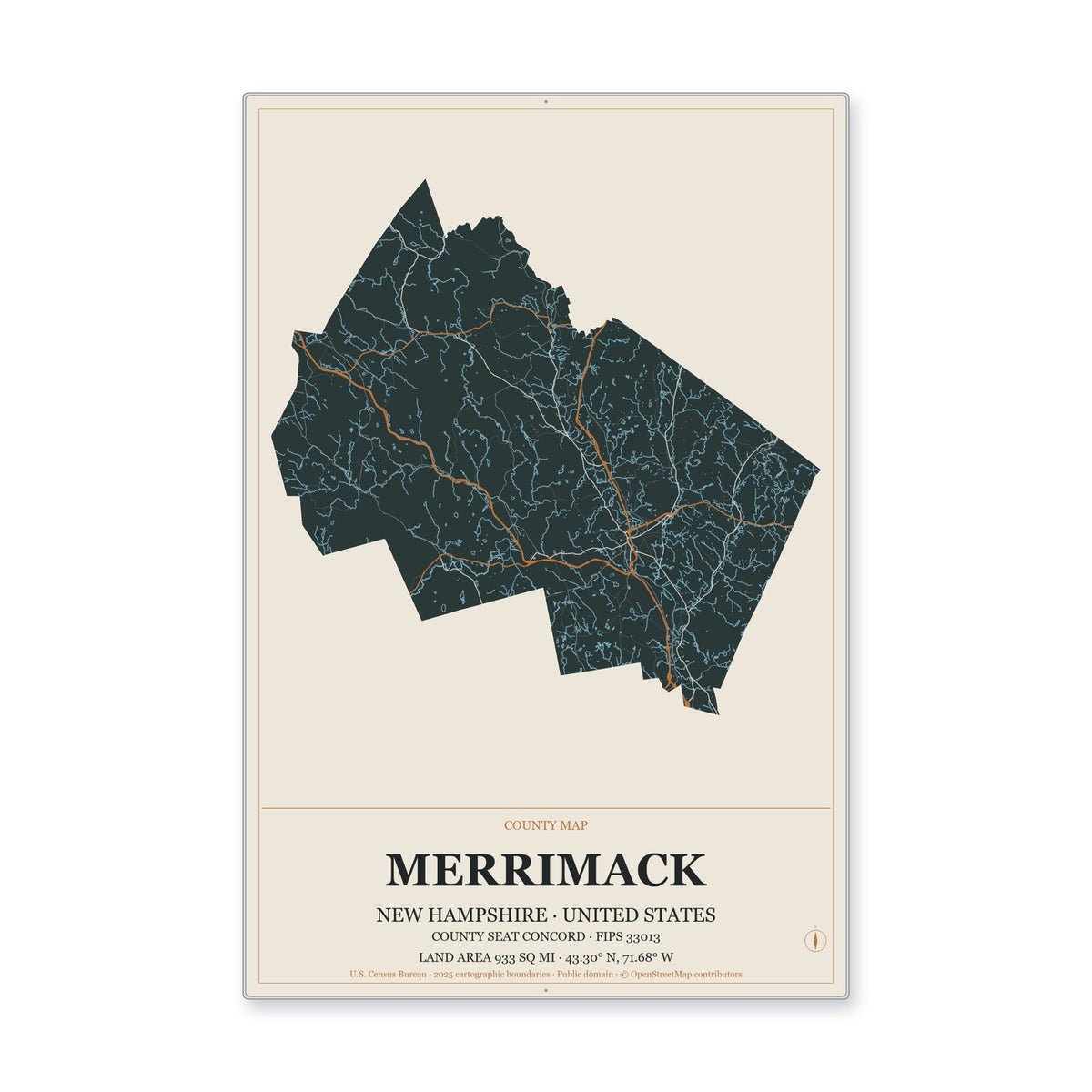 Merrimack County, New Hampshire Map Aluminum Sign in Headline Atlas style