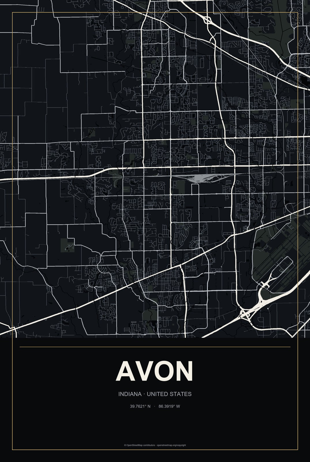 Avon, Indiana City Map Aluminum Sign in Metropolitan Noir style