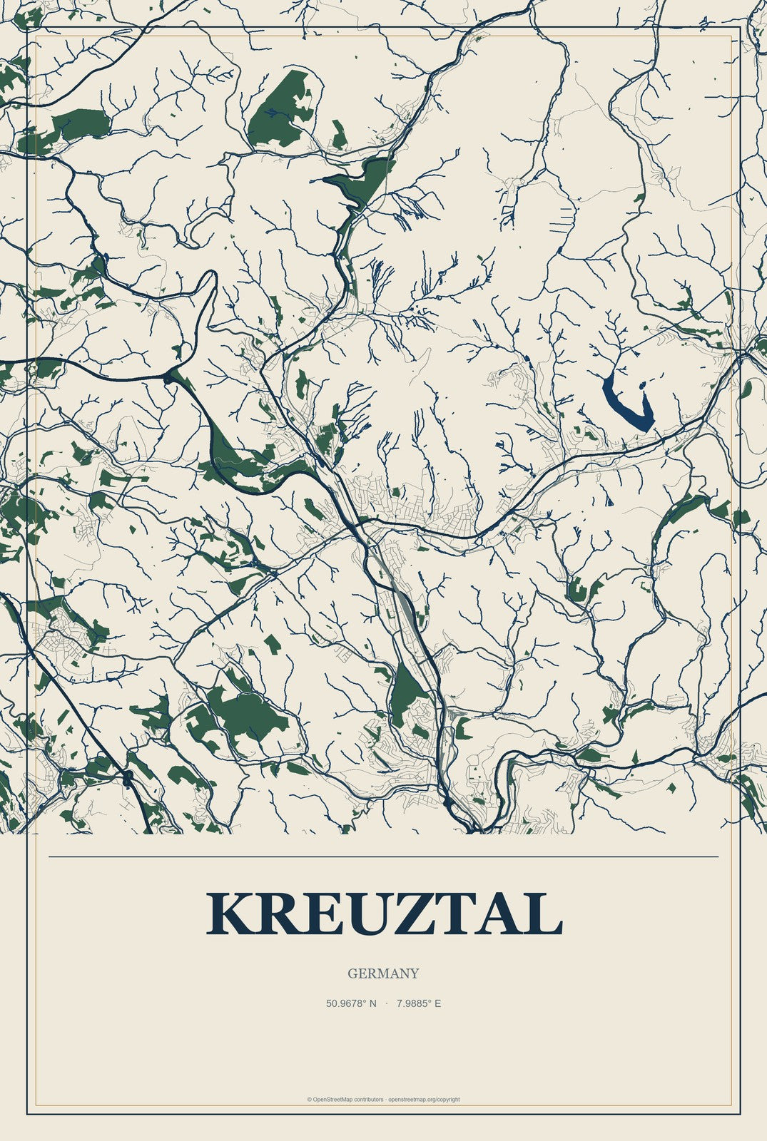 Kreuztal, Germany City Map Aluminum Sign in Coastal Cutout style