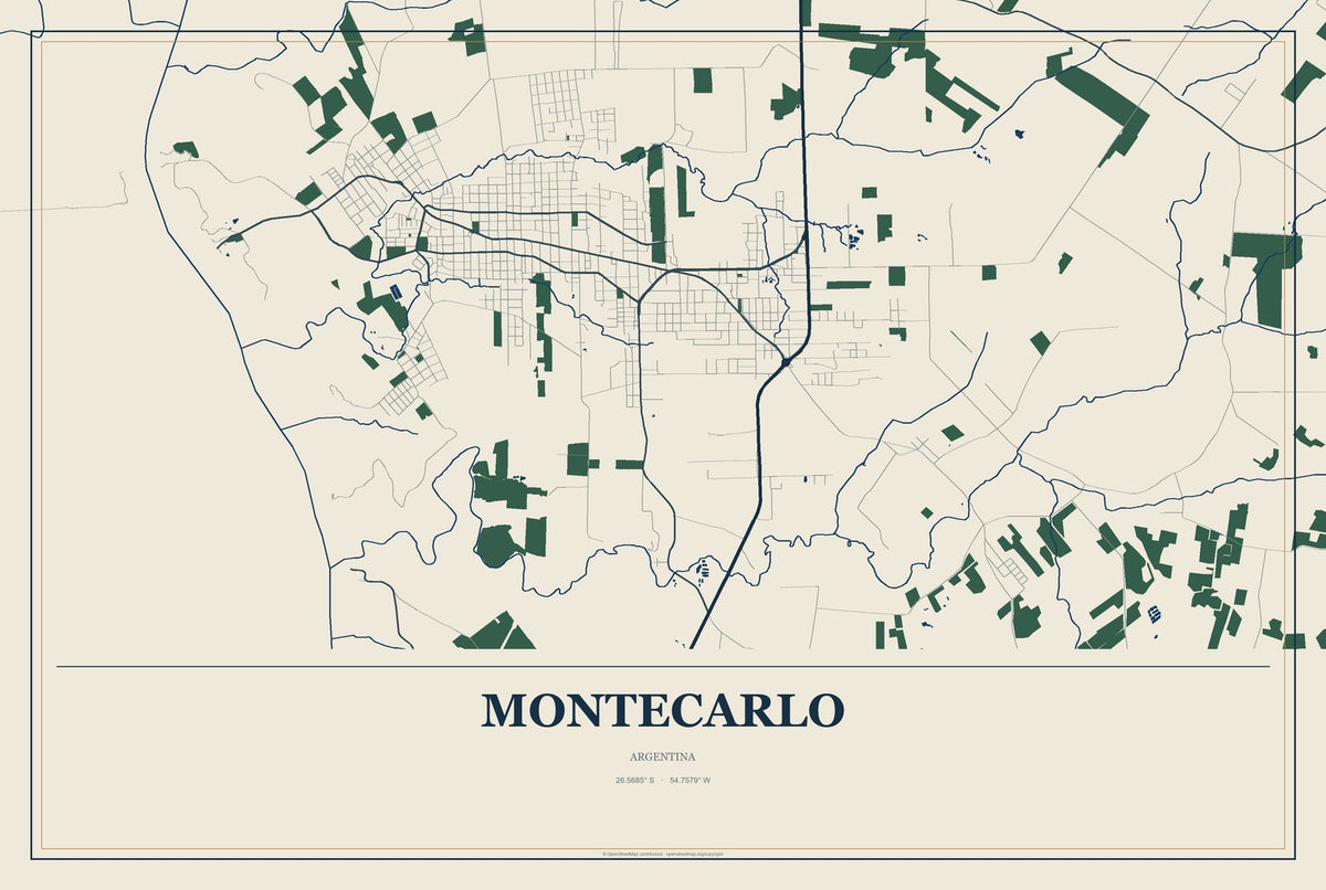 Montecarlo, Argentina City Map Aluminum Sign in Coastal Cutout style