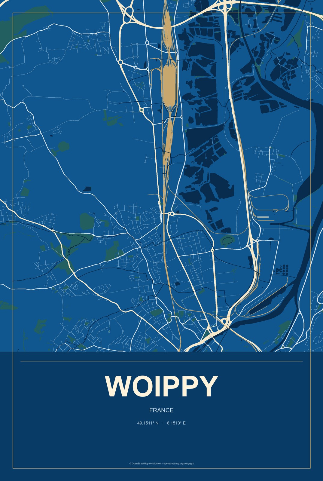 Woippy, France City Map Aluminum Sign in Harbor Cobalt style