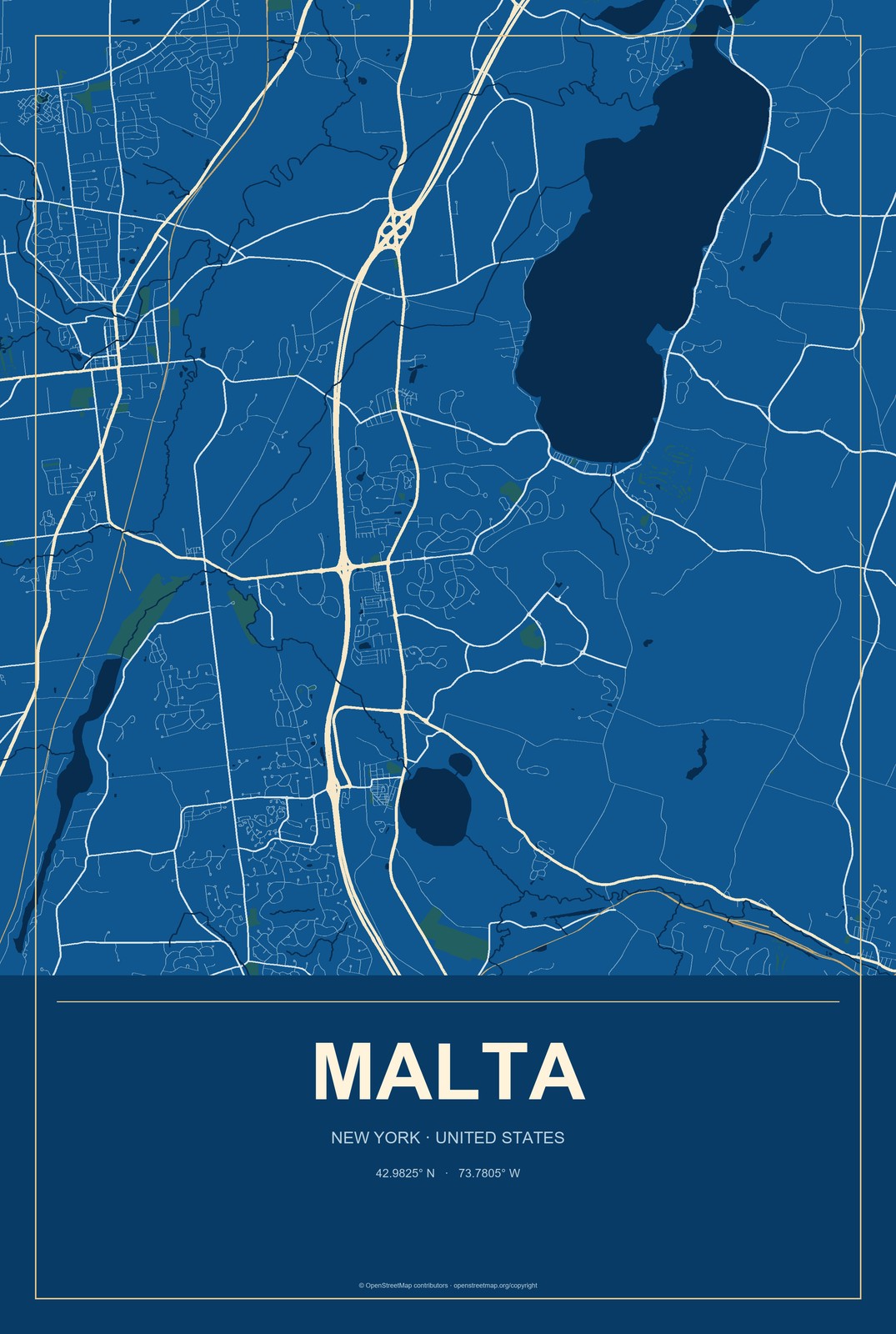 Malta, New York City Map Aluminum Sign in Harbor Cobalt style