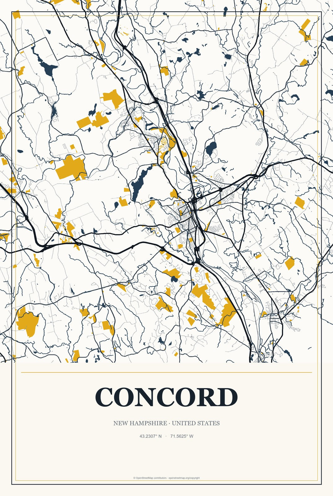 Concord, New Hampshire City Map Aluminum Sign in Citrine Modern style